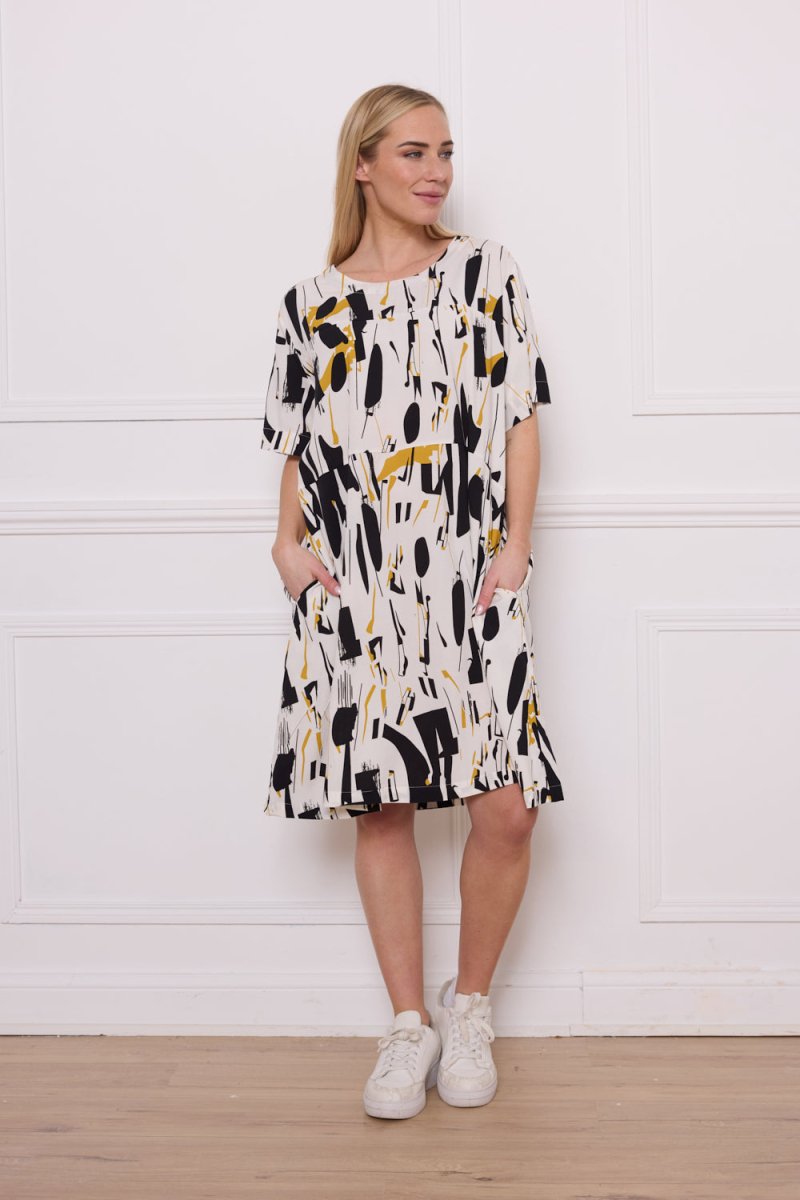 Black Blue Yellow White Dress White Dress Black Yellow Pattern Rayon   Bella Blue